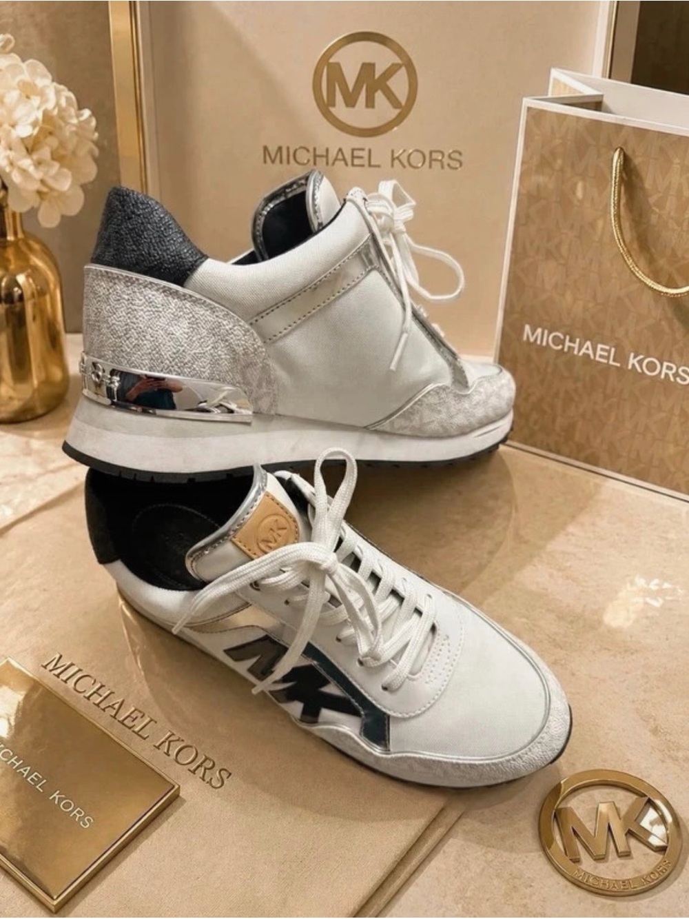 Michael Kors White, Silver & Black Women's Lace-Up Sneakers